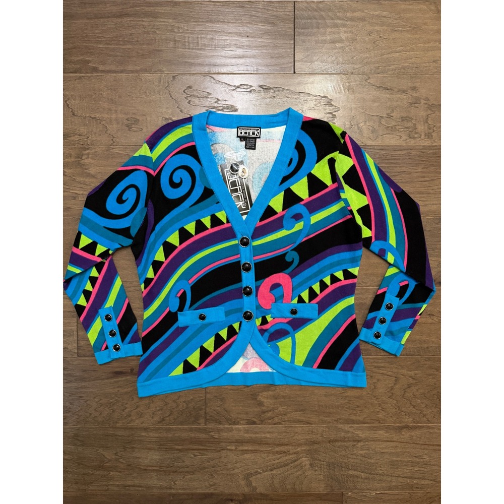 Vintage NWT Berek Womens XL Neon Abstract Knit Button Front Cardigan Sweater